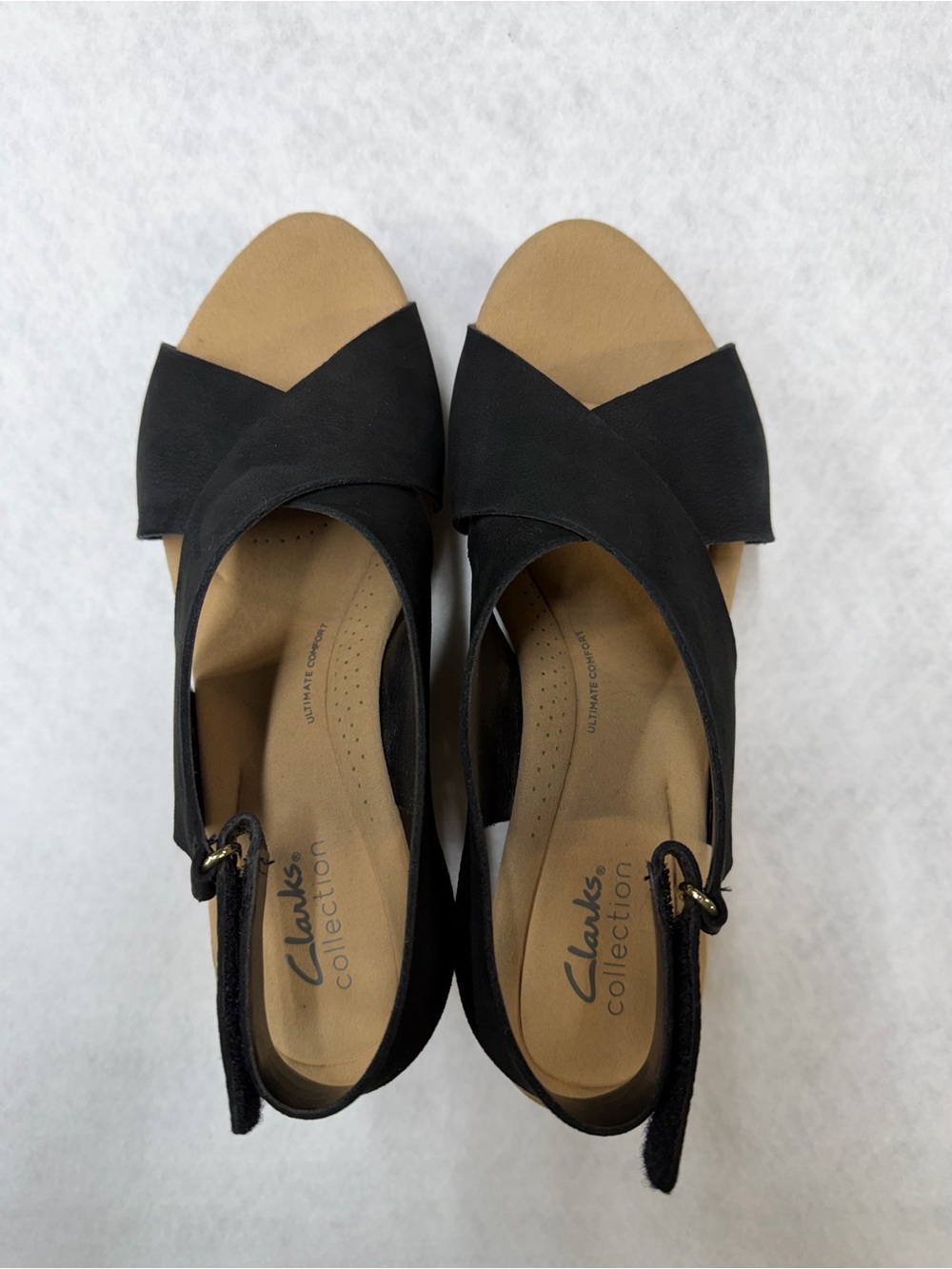 Clarks Black Crossover Strap Wedge Sandals